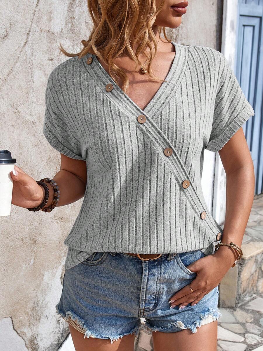 SHEIN LUNE 女士肋紋v領t恤 - 灰色 - 查看 1