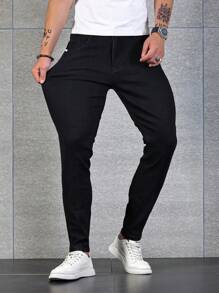 Manfinity Homme Men Summer Classical Versatile Jeans, Cotton Solid Black Wash Skinny Jeans,For Husband,Boyfriend Gifts - Black - View 7