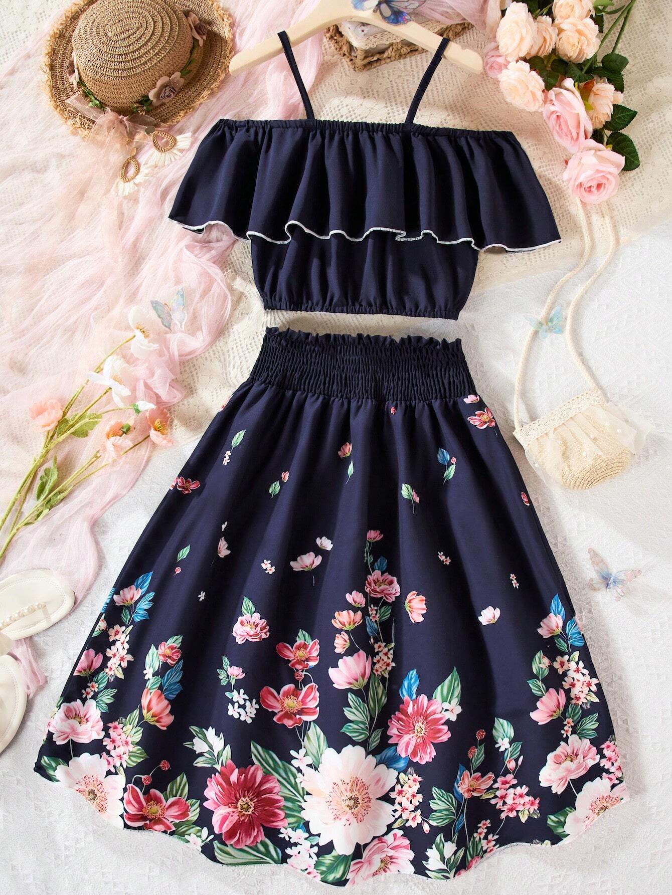 Ensemble cérémonie fille 7 ans bleu Bic, jupe et haut floral chic bazin