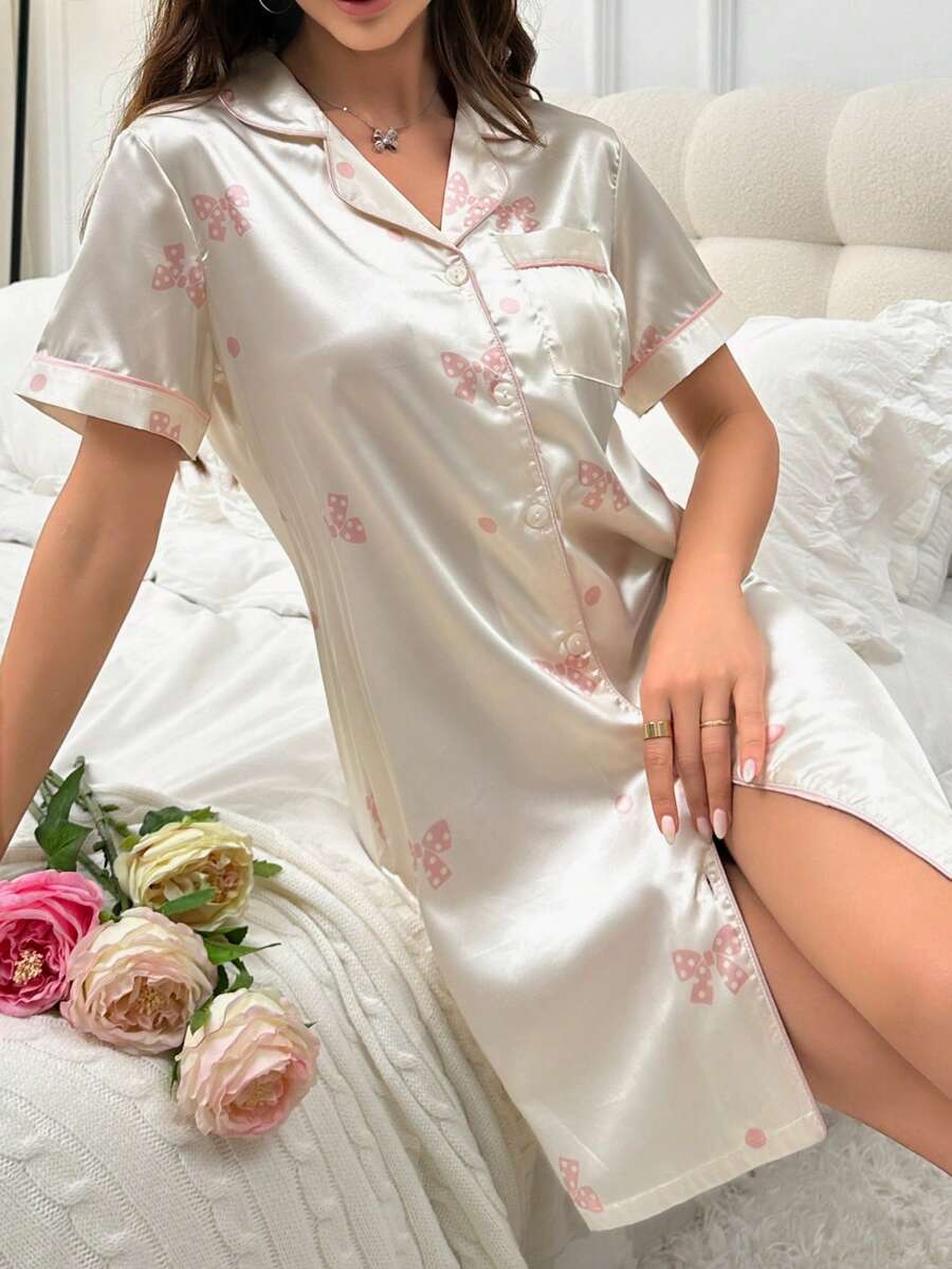 仿丝蝴蝶结印花短袖睡衣长裙 Luxeloungewear - 香檳色 - 查看 1