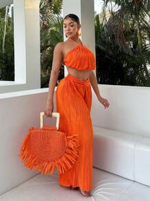 SHEIN SXY Beach;Holiday Style Ultra-Cut Off Halter Top With Twist Front Waist And Ultra-Loose Trousers Summer Two Pieces Outfits Boho Women Clothing - Orange - View 5