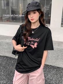 DAZY Women's Loose Fit Round Neck Short Sleeve T-Shirt With Printed Slogan And Butterfly Pattern Summer Oversized T-Shirt,Graphic Tees - Black - View 4