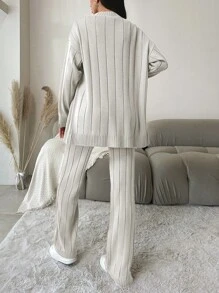 EURMUSE Women's Loose Fit Casual Solid Color Knit Sweater 2pcs/Set - Beige - View 2