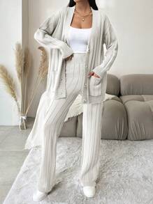 EURMUSE Women's Loose Fit Casual Solid Color Knit Sweater 2pcs/Set - Beige - View 5