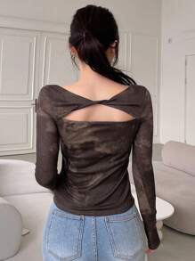 DAZY 女士露肩中空長袖t恤 - 棕色 - 查看 2