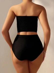 SHEIN Swim Bộ đồ bơi bikini và áo bralette hở lưng màu trơn gợi cảm cho nữ, dành cho kỳ nghỉ hè ở bãi biển - màu đen - Xem 2