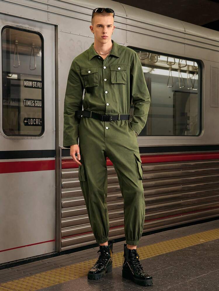 Men Woven Casual Jogger Cargo Jumpsuit, Fall