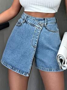 EURMUSE Women's Asymmetrical Frayed Hem Denim Shorts With Wrap Front - Light Wash - View 6