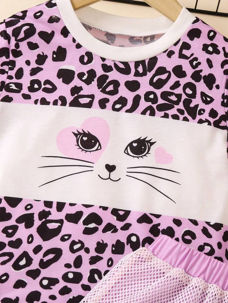 Young Girls' Cute & Cool Sports Cat & Leopard Print Outfit