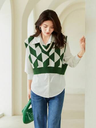 1pc Spring New Arrival Diamond Grid Pattern Casual Sweater Vest