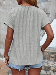 SHEIN LUNE 女士肋紋v領t恤 - 灰色 - 查看 2