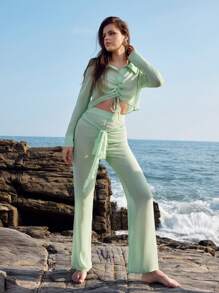 Anewsta Pantalones Rectos De Color Sólido Para Mujer Con Cinturón - Verde - Ver 7