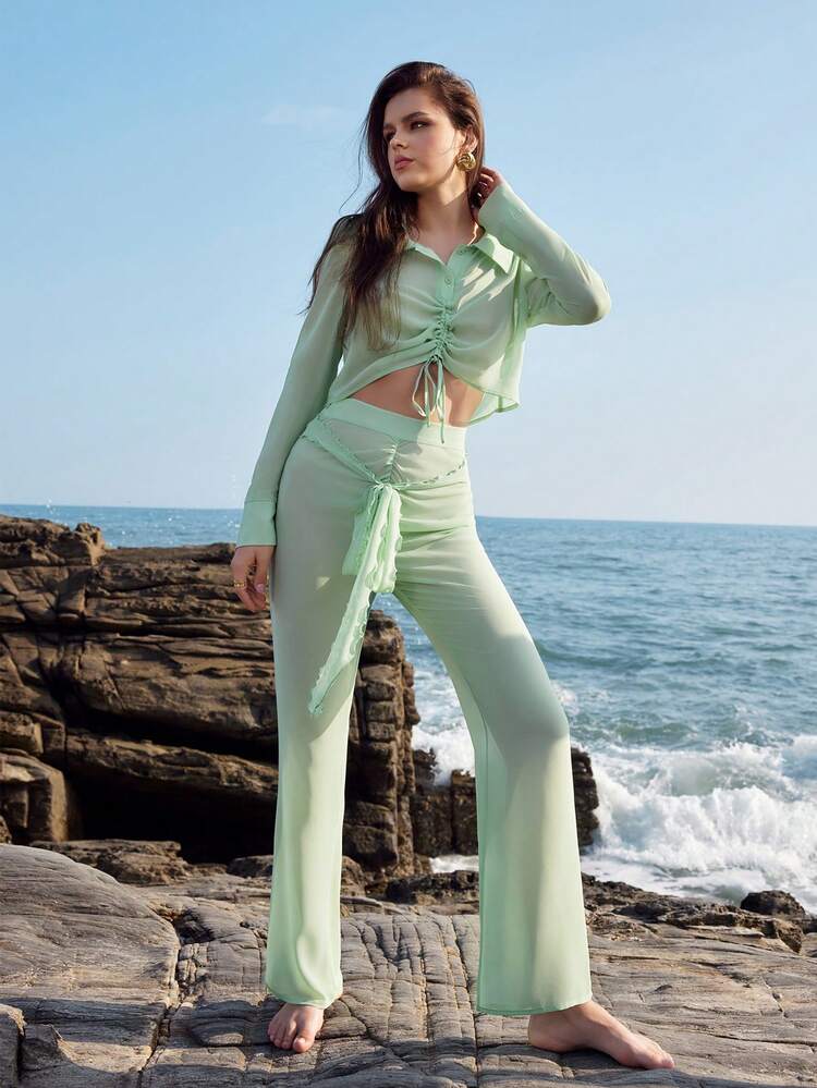 Ladies' Solid Color Straight Leg Pants With Belt