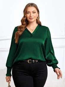 SHEIN Clasi Women'S Plus Size Lantern Sleeve Shirt - Dark Green - View 4
