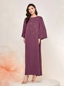 Al Najma Rhinestone Detail Kaftan - Red Violet - View 5