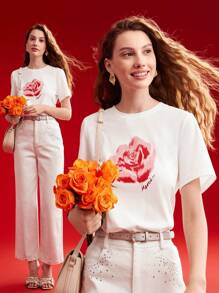 MOTF PREMIUM WOMEN'S FLORAL PRINT SHORT SLEEVE T-SHIRT,VALENTINE'S DAY,GRAPHIC TEE