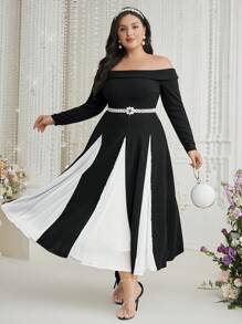 Modelyn Plus Size Women's Off-Shoulder Long Sleeve Color Block Dress - Black and White - View 1