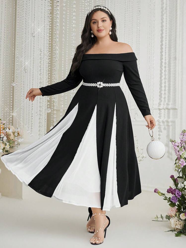 Plus Size Women's Off-Shoulder Long Sleeve Color Block Dress