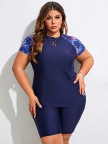 SHEIN CURVE+ 大尺寸時尚花印圓領短袖泳衣套裝 - 藏蓝色 - 查看 4