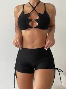 SHEIN Swim Women's Sexy Solid Color Bikini Set Music Festival Summer Beach