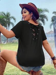 Calvaya Kích thước lớn Ngắn tay Áo thun Với Trở lại Dây đai - màu đen - Xem 1