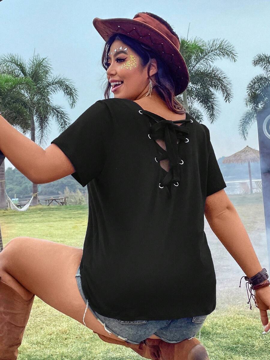 Calvaya Kích thước lớn Ngắn tay Áo thun Với Trở lại Dây đai - màu đen - Xem 1