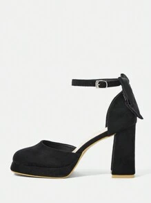 時尚麂皮蝴蝶結防水平台厚跟高跟鞋 - 黑色 - 查看 2