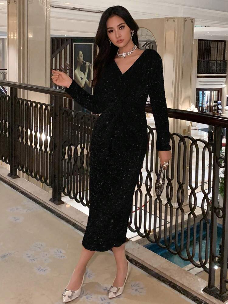 Women's Waist Twisted Long Sleeve Dress, Birthday Prom Dress,Casual Women Dresses,Fall Dress Sequin Elegant Women Dresses New Years Women Outfit Carnival Sparkly Dress