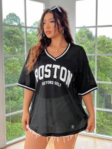 SHEIN EZwear Camiseta de malla con gráfico de letras y contraste de colores, talla grande, verano - Negro - Ver 5