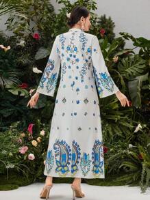 Al Najma Floral Pattern Notched Lapel Dress - White - View 2