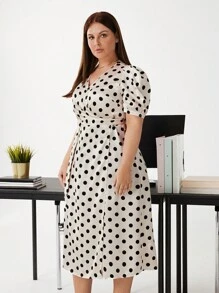 BizChic Plus Size Women's Polka Dot Short Puff Sleeve Dress - Apricot - View 8