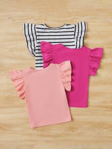 SHEIN 3pcs/Set Young Girls' Casual Comfortable Ruffled Edge T-Shirt, School, Campus, College - Hot Pink - View 2