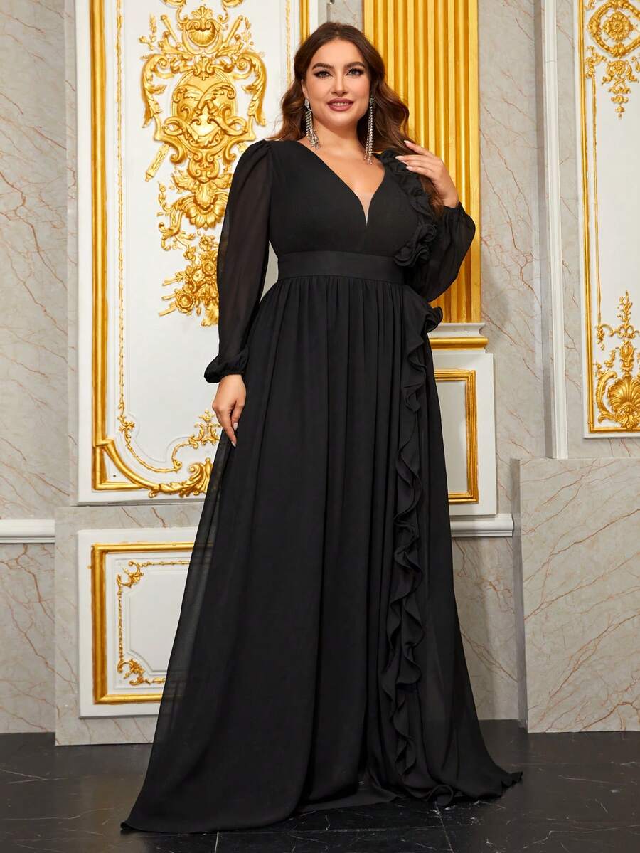 YISIKADO Plus 3D Floral Decor Ruffle Trim Lantern Sleeve Chiffon Dress Black Elegant Long Sleeve Formal Evening Prom Wedding Guest Gown, For Graduation, Dinner Party Dress Spring