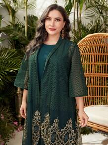 Al Najma Plus Size Women's Baroque Print Mesh Jacket And Sleeveless Dress Set - Dark Green - View 5