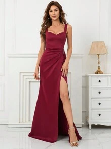 酒紅色修身珠鏈派對晚禮服