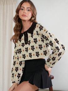 Hauture Floral Dot Pattern Crop Long Sleeves Button Front Sweater - Multicolor - View 4