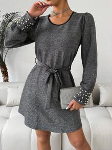 SHEIN Clasi Ladies' Long-Sleeved Dress With Gold & Silver Thread And Bubble Beads Embellishment Fall Cloth For Women - Silver - View 1