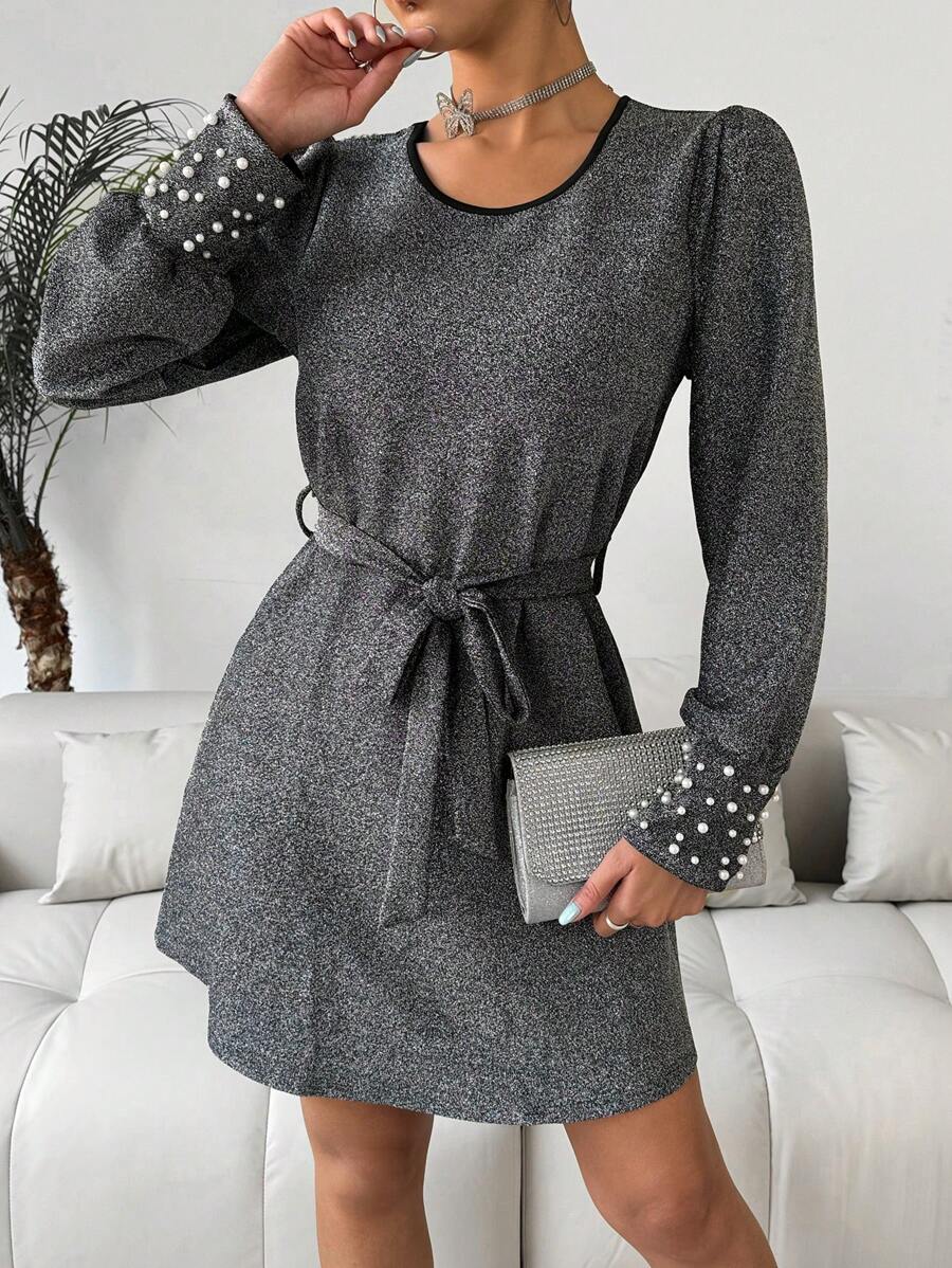 SHEIN Clasi Ladies' Long-Sleeved Dress With Gold & Silver Thread And Bubble Beads Embellishment Fall Cloth For Women - Silver - View 1