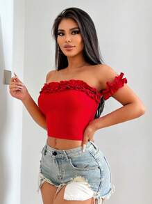 SHEIN SXY Women' Sexy Valentine's Red Cold Shoulder Cropped Top - Red - View 4