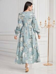 Modelyn 女式灯笼袖花卉印花素净长裙 - 藍色 - 查看 2