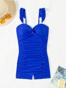 SHEIN Swim 女款藍色一件式泳衣,帶有荷葉邊肩帶和褶皺細節,適用於夏季、沙灘、游泳 - 寶藍色 - 查看 7