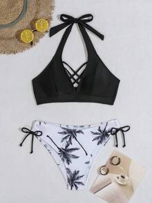 Swim Vcay 女士椰子树印花前交叉两件套比基尼套装夏季海滩 - 黑與白 - 查看 3