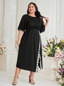 Modelyn 大码女式圆领蕾丝拼接荷叶边袖连衣裙长款晚礼服 - 黑色 - 查看 8