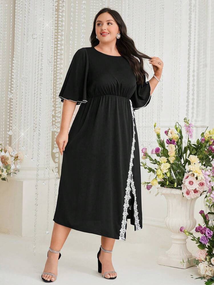 Plus Size Women's Round Neck Lace Splicing Ruffle Sleeve Dress Long Evening Dresses