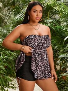 Swim Lushoire Summer Beach Plus Size Leopard Print Strapless Top And Solid Color Shorts Bikini Set - Multicolor - View 3