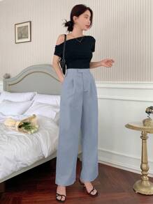 DAZY Pantalones rectos casuales de unicolor para mujer - Azul - Ver 5