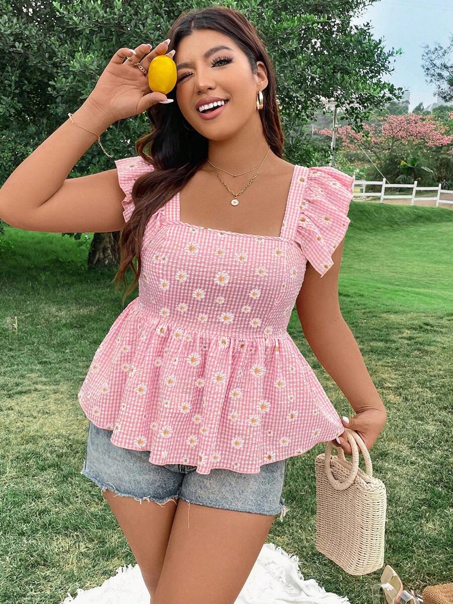 Flirla 大格紋花卉印花襯衫,荷葉邊下擺 - 粉色 - 查看 1