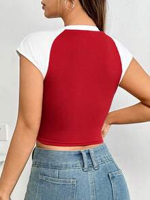 SHEIN Unity Women's Letter Print Color Block Cropped T-Shirt - Red - View 2