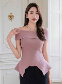 DAZY Effen kleur off-shoulder asymmetrische zoom sexy gebreide top, ruches