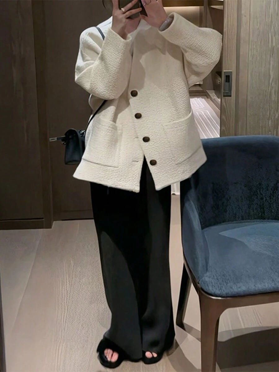Early Spring Simple White Woolen V-Neck Coat - White - View 1